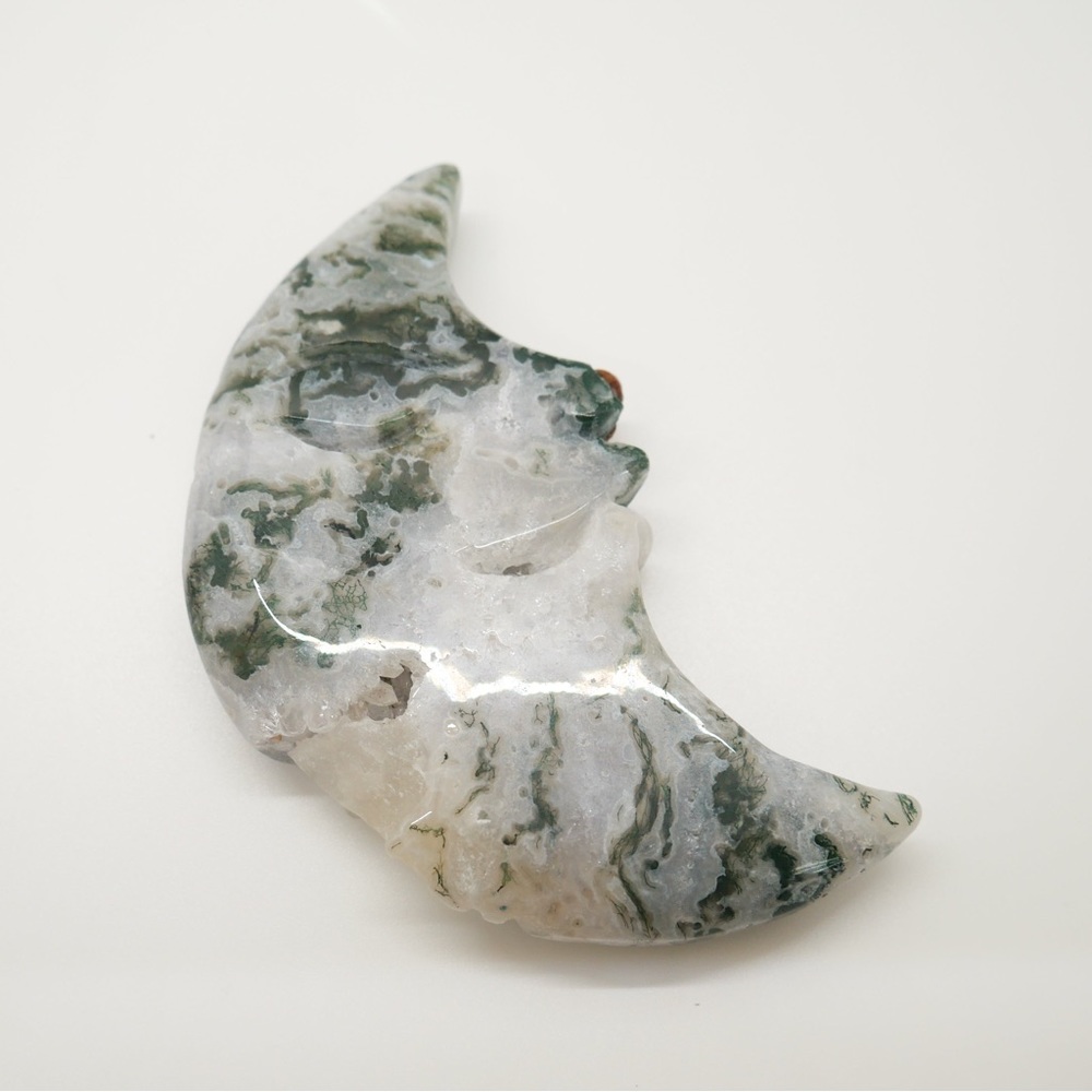 Moss Agate Crystal Moon Face Carving (C)